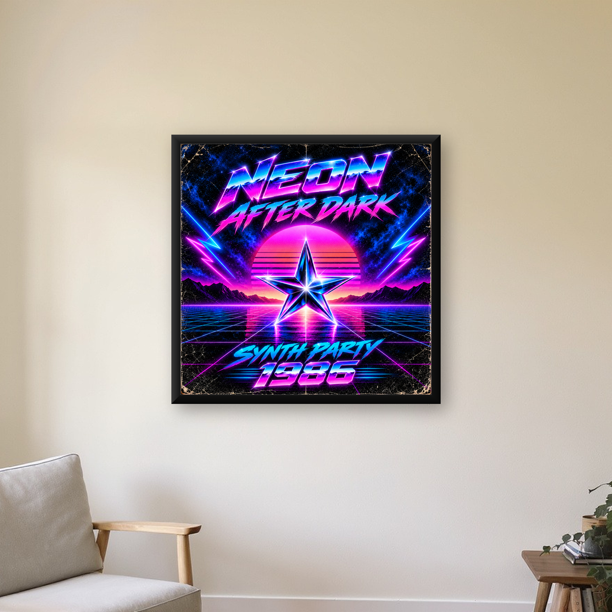 Retro Neon Synthwave Poster – 80'ler Stil Dijital Baskı — Kare baskı, çerçeveli hâliyle bir ev duvarında