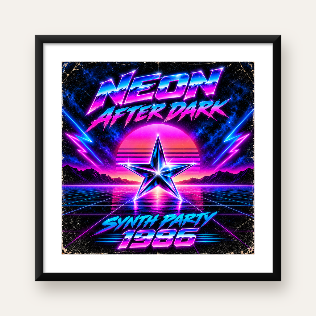 Retro Neon Synthwave Poster – 80'ler Stil Dijital Baskı — Kare baskı, beyaz paspartulu