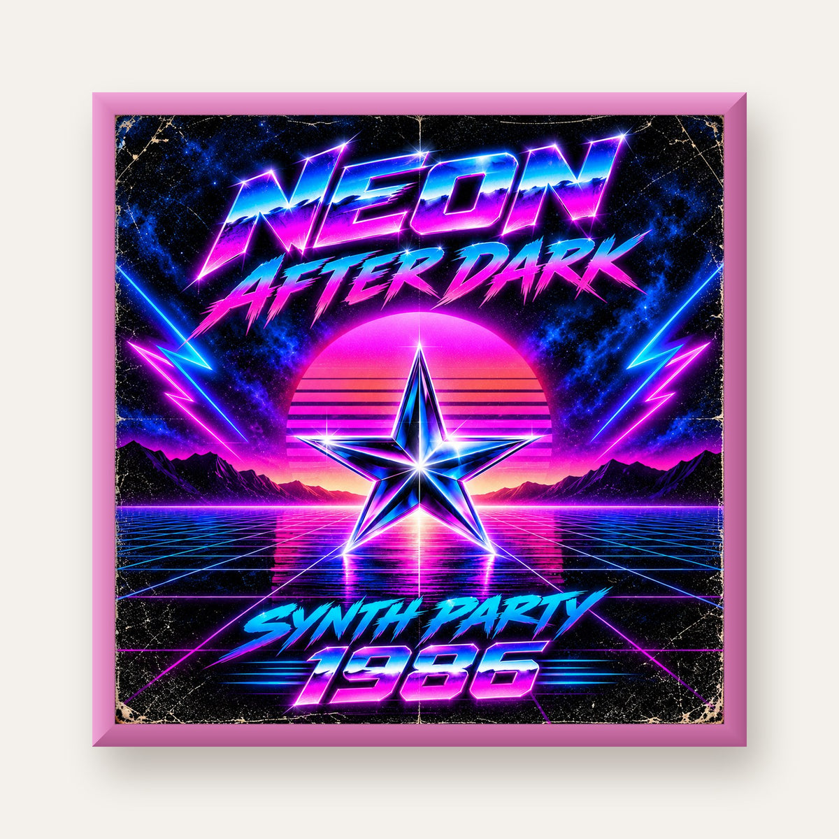 Retro Neon Synthwave Poster – 80'ler Stil Dijital Baskı — pembe çerçeveli