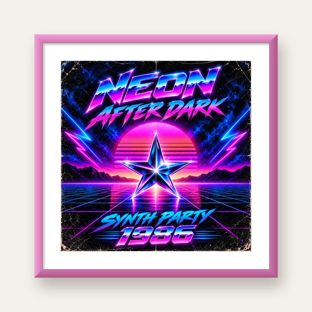 Retro Neon Synthwave Poster – 80'ler Stil Dijital Baskı — pembe çerçeveli paspartulu