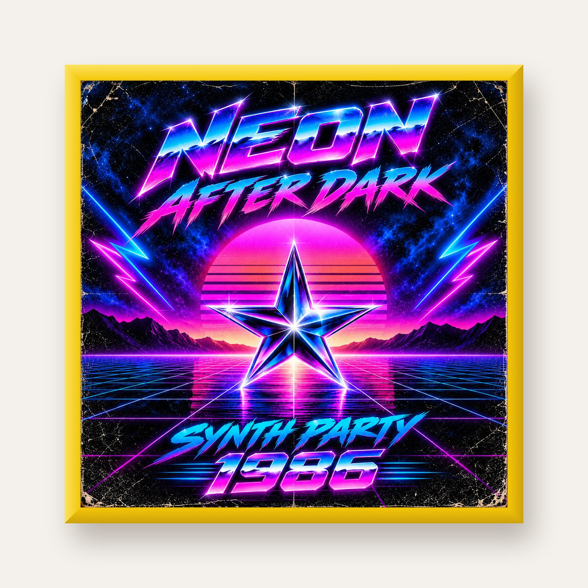 Retro Neon Synthwave Poster – 80'ler Stil Dijital Baskı — sarı çerçeveli