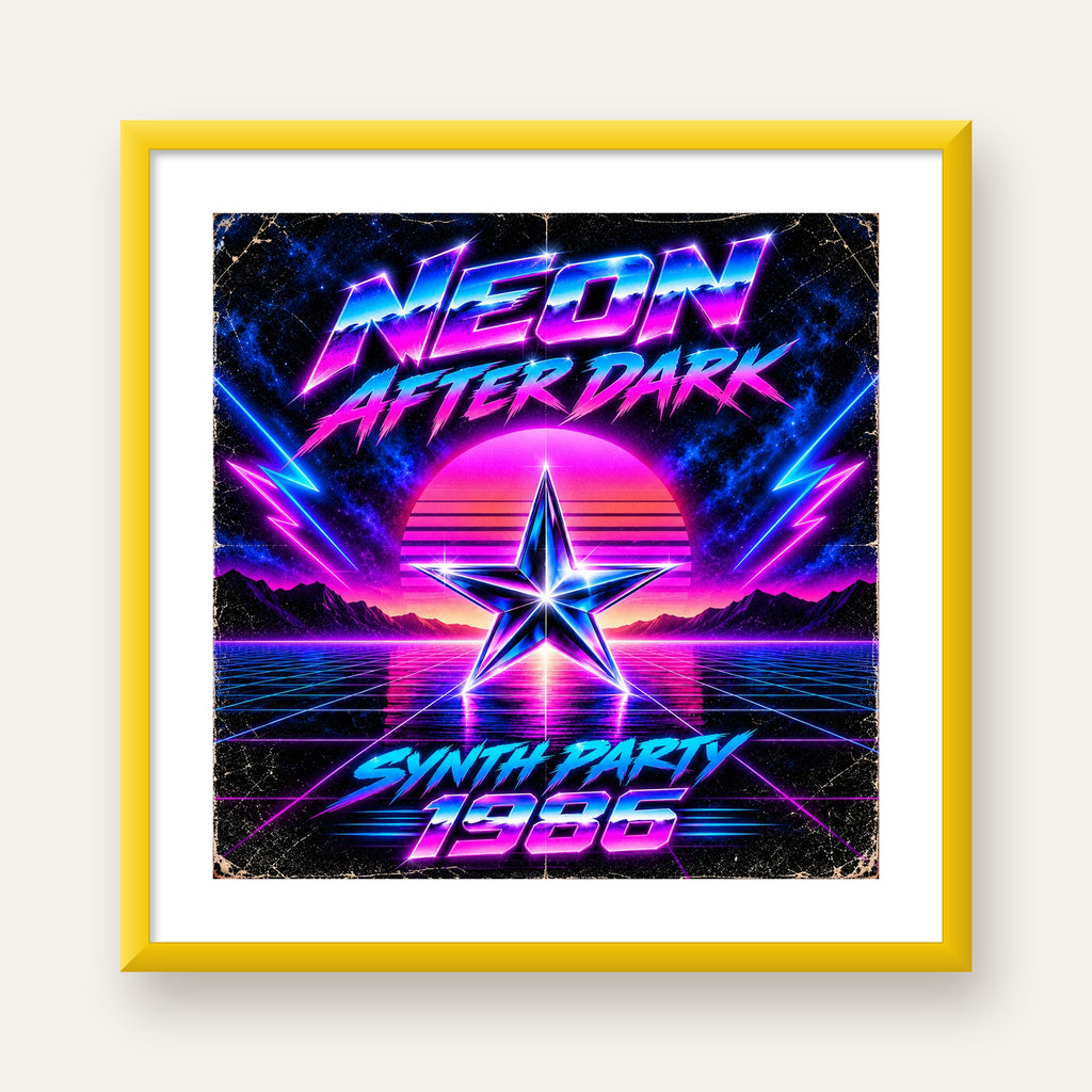 Retro Neon Synthwave Poster – 80'ler Stil Dijital Baskı — sarı çerçeveli paspartulu