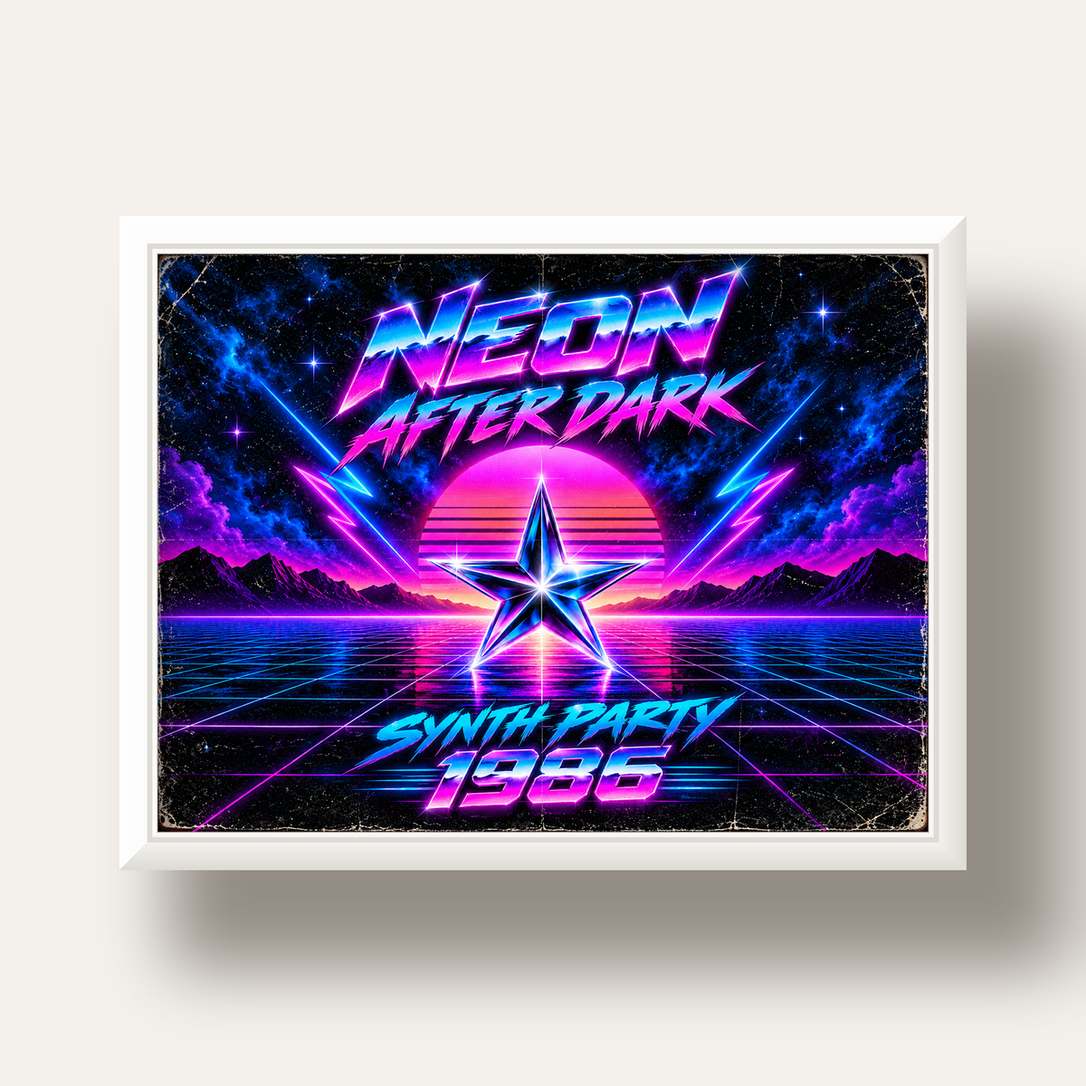 Retro Neon Synthwave Poster – 80'ler Stil Dijital Baskı — beyaz derin çerçeveli
