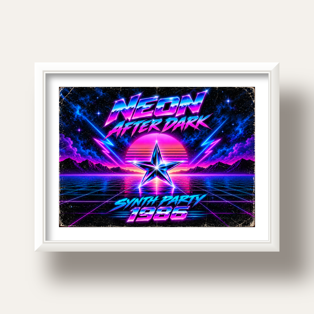 Retro Neon Synthwave Poster – 80'ler Stil Dijital Baskı — beyaz derin çerçeveli paspartulu
