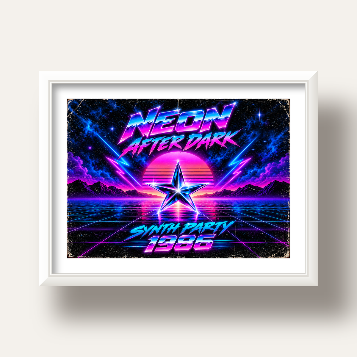 Retro Neon Synthwave Poster – 80'ler Stil Dijital Baskı — beyaz derin çerçeveli paspartulu
