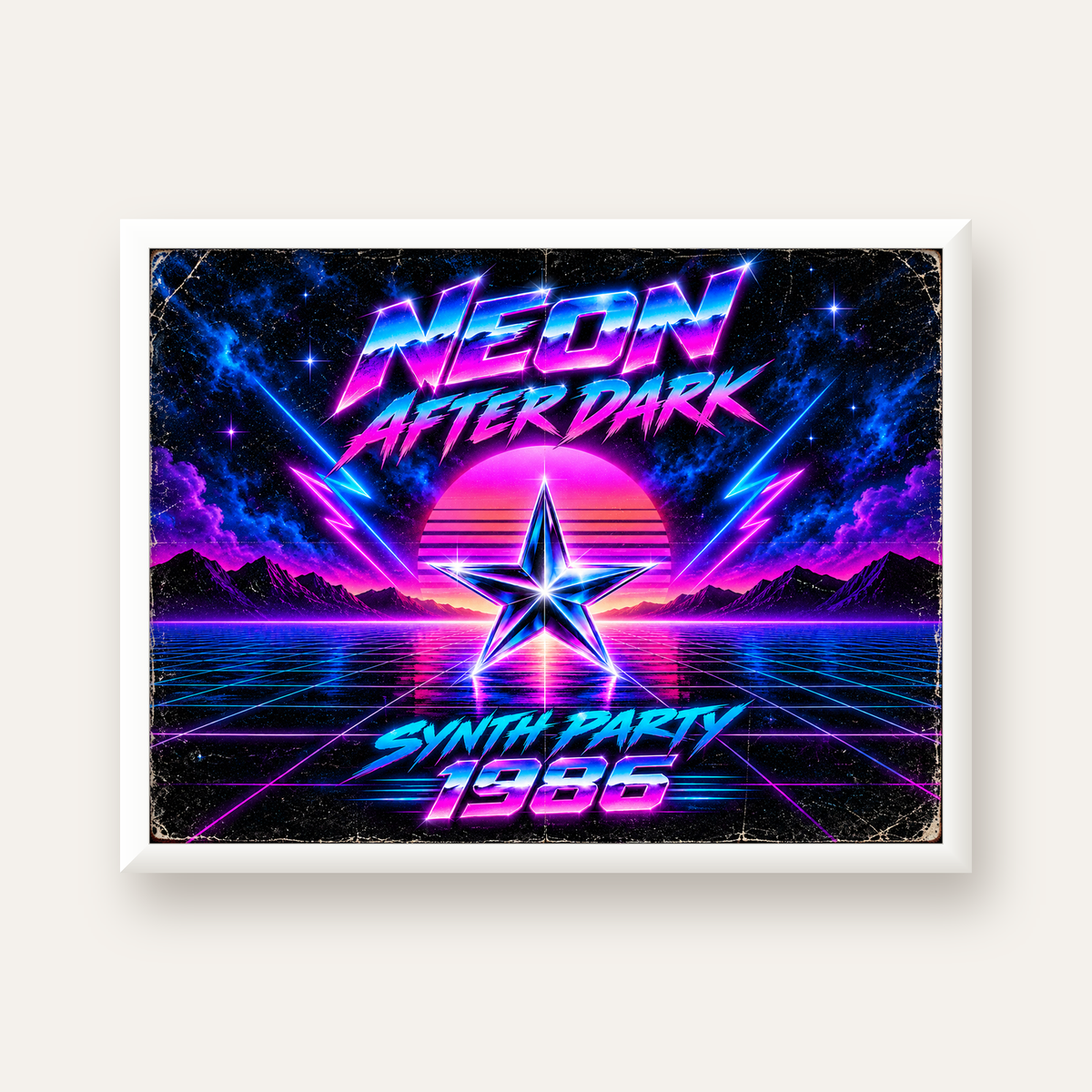 Retro Neon Synthwave Poster – 80'ler Stil Dijital Baskı — beyaz çerçeveli yatay poster