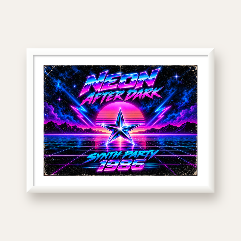 Retro Neon Synthwave Poster – 80'ler Stil Dijital Baskı — beyaz çerçeveli yatay poster