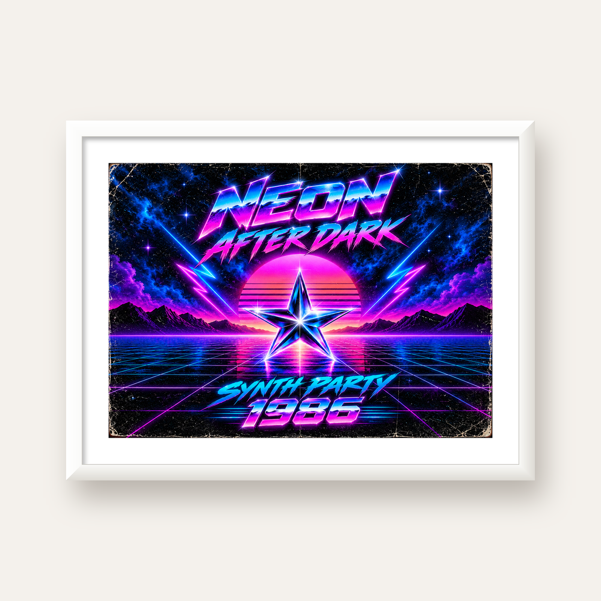Retro Neon Synthwave Poster – 80'ler Stil Dijital Baskı — beyaz çerçeveli yatay poster