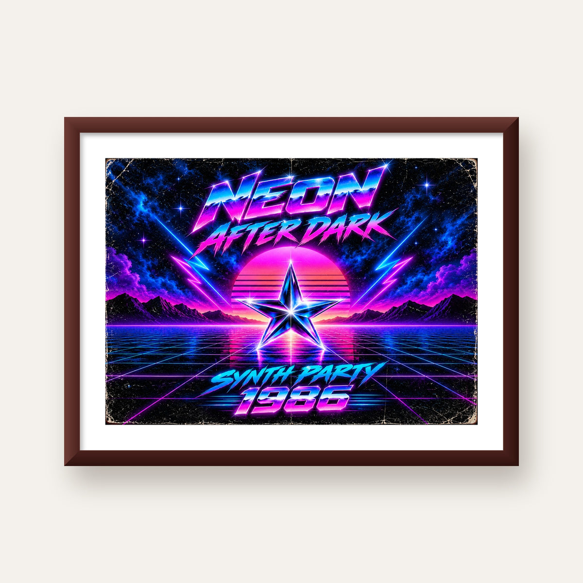 Retro Neon Synthwave Poster – 80'ler Stil Dijital Baskı — ceviz çerçeveli paspartulu