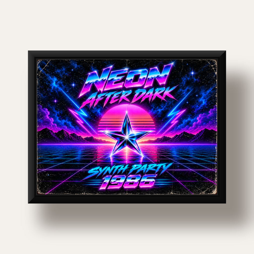 Retro Neon Synthwave Poster – 80'ler Stil Dijital Baskı — siyah derin çerçeveli