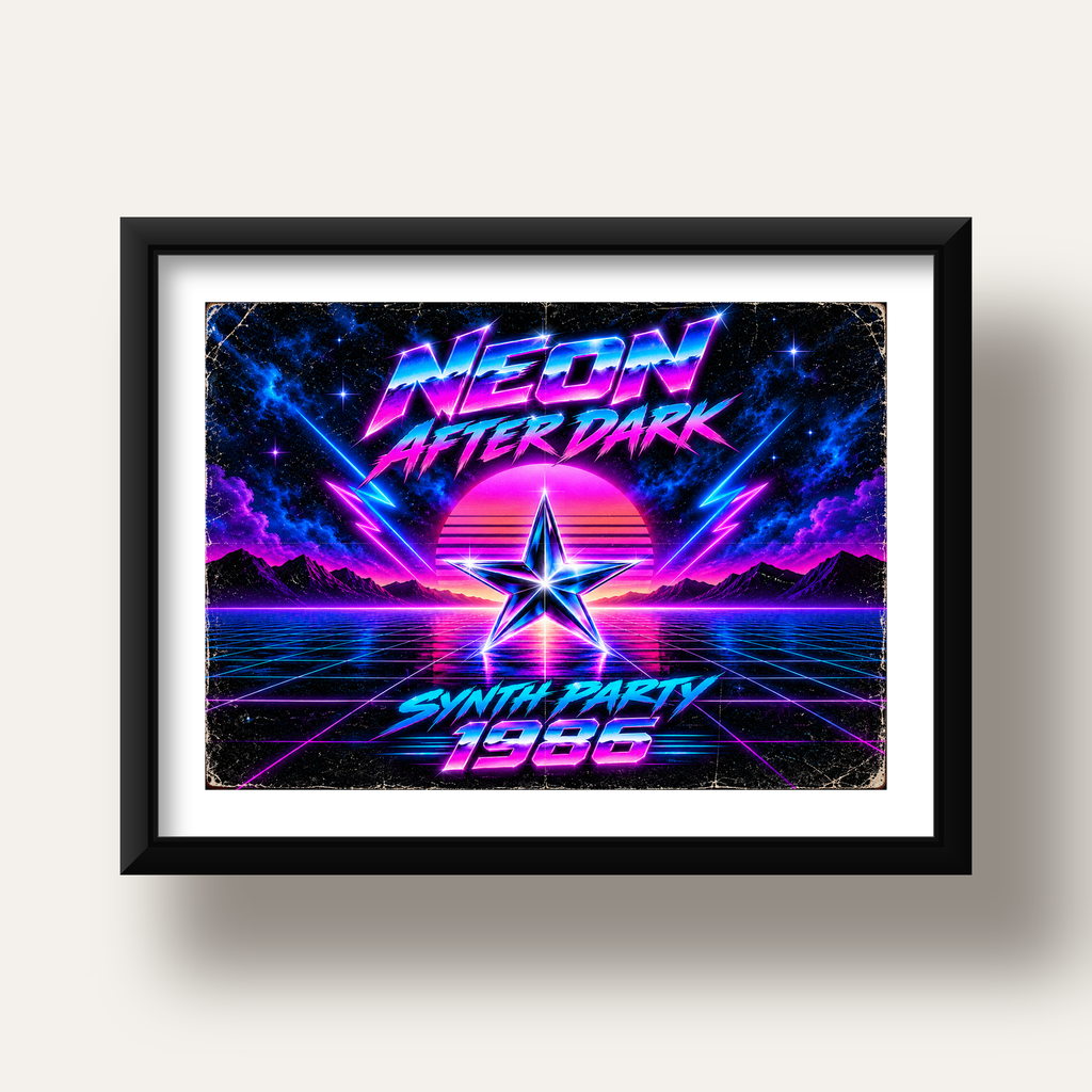 Retro Neon Synthwave Poster – 80'ler Stil Dijital Baskı — siyah derin çerçeveli paspartulu