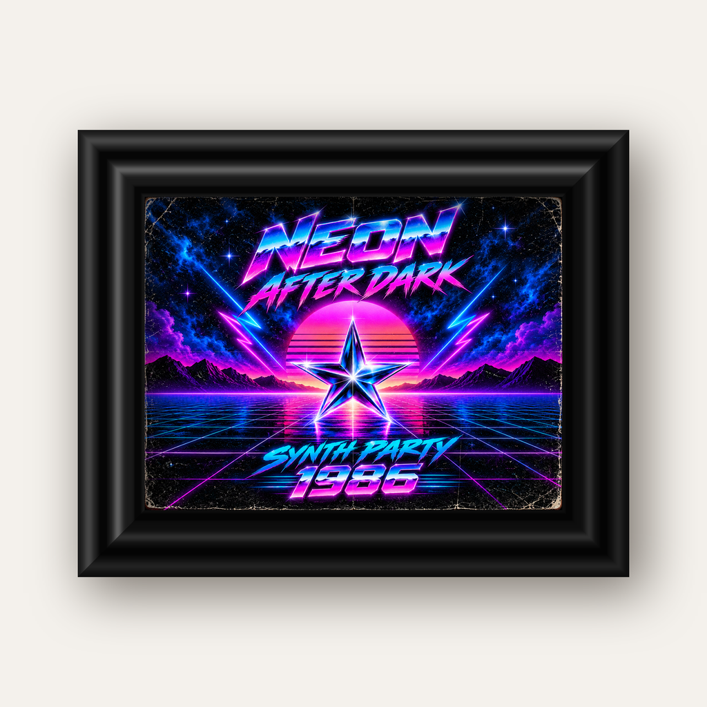 Retro Neon Synthwave Poster – 80'ler Stil Dijital Baskı — siyah galeri çerçeveli