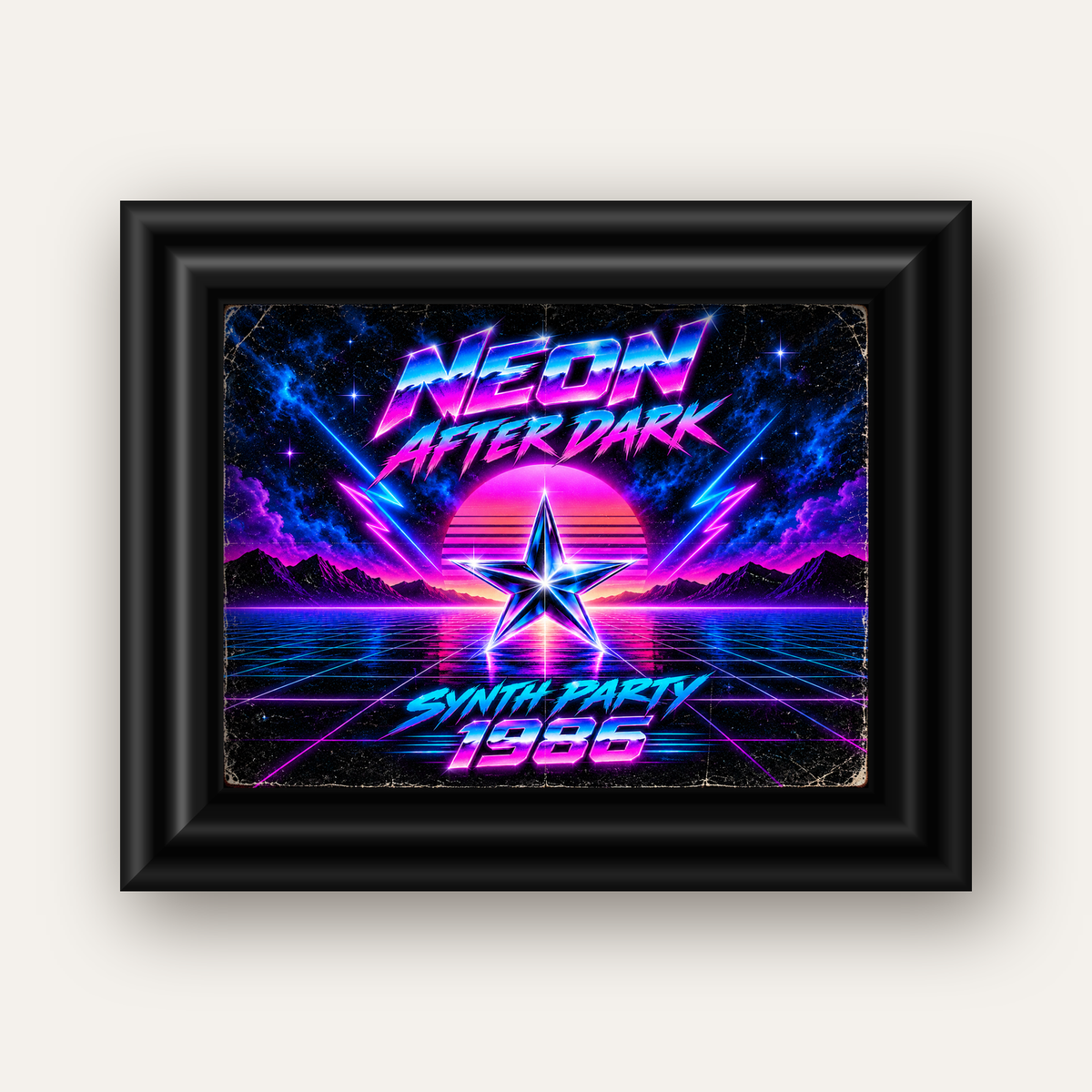 Retro Neon Synthwave Poster – 80'ler Stil Dijital Baskı — siyah galeri çerçeveli
