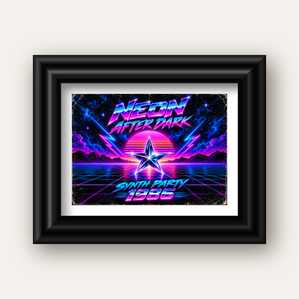 Retro Neon Synthwave Poster – 80'ler Stil Dijital Baskı — siyah galeri çerçeveli paspartulu