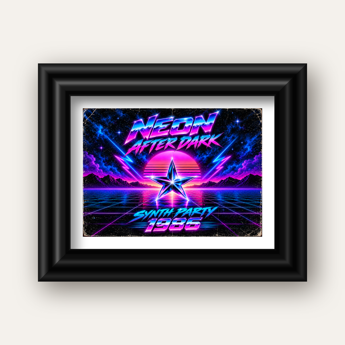 Retro Neon Synthwave Poster – 80'ler Stil Dijital Baskı — siyah galeri çerçeveli paspartulu