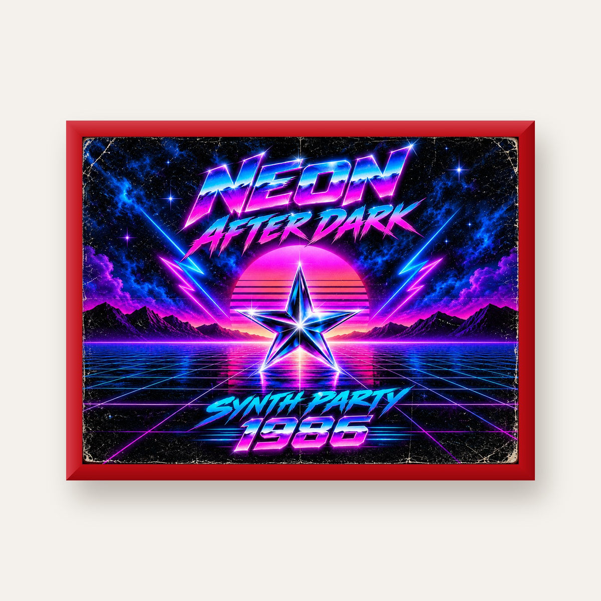 Retro Neon Synthwave Poster – 80'ler Stil Dijital Baskı — kırmızı çerçeveli
