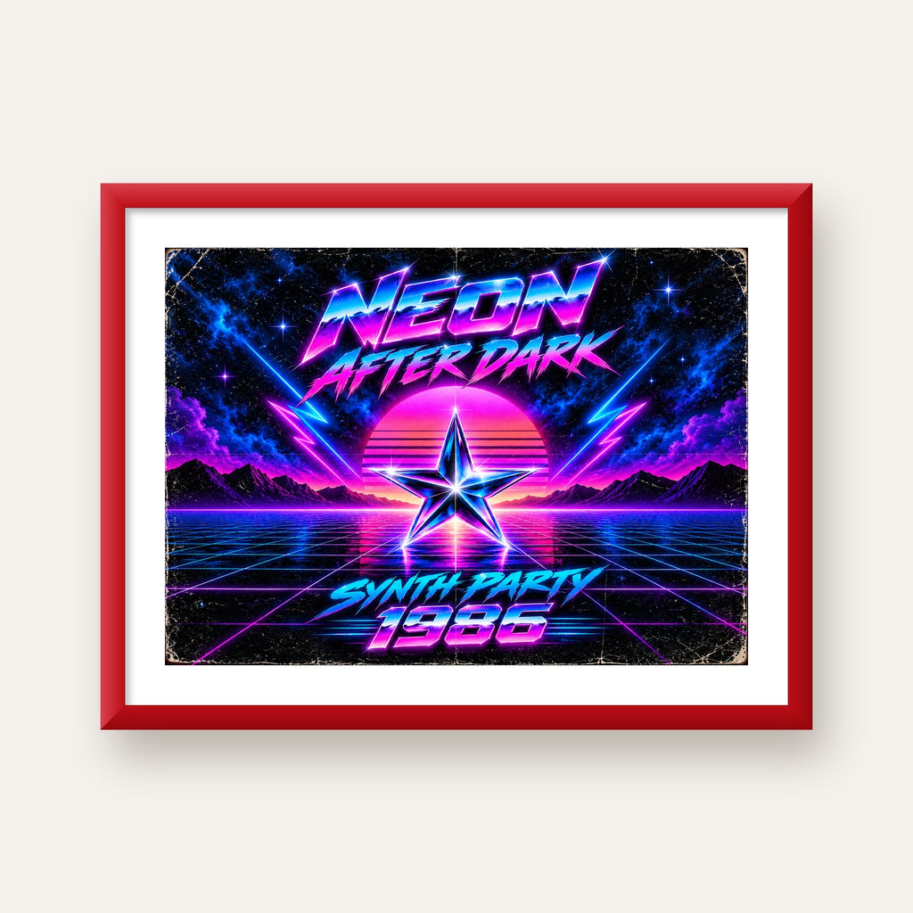 Retro Neon Synthwave Poster – 80'ler Stil Dijital Baskı — kırmızı çerçeveli paspartulu