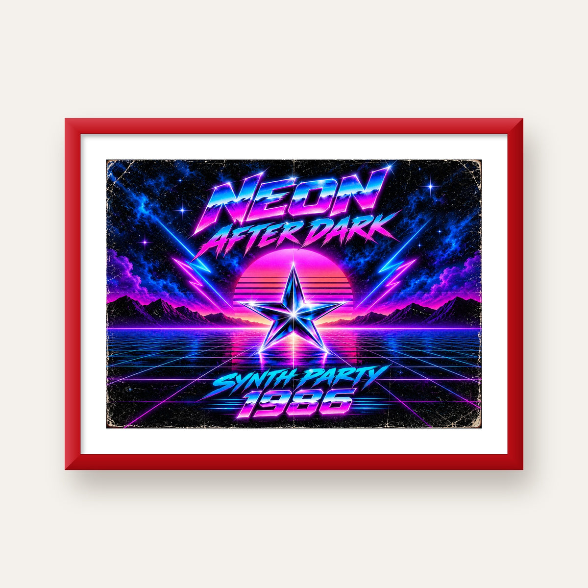 Retro Neon Synthwave Poster – 80'ler Stil Dijital Baskı — kırmızı çerçeveli paspartulu