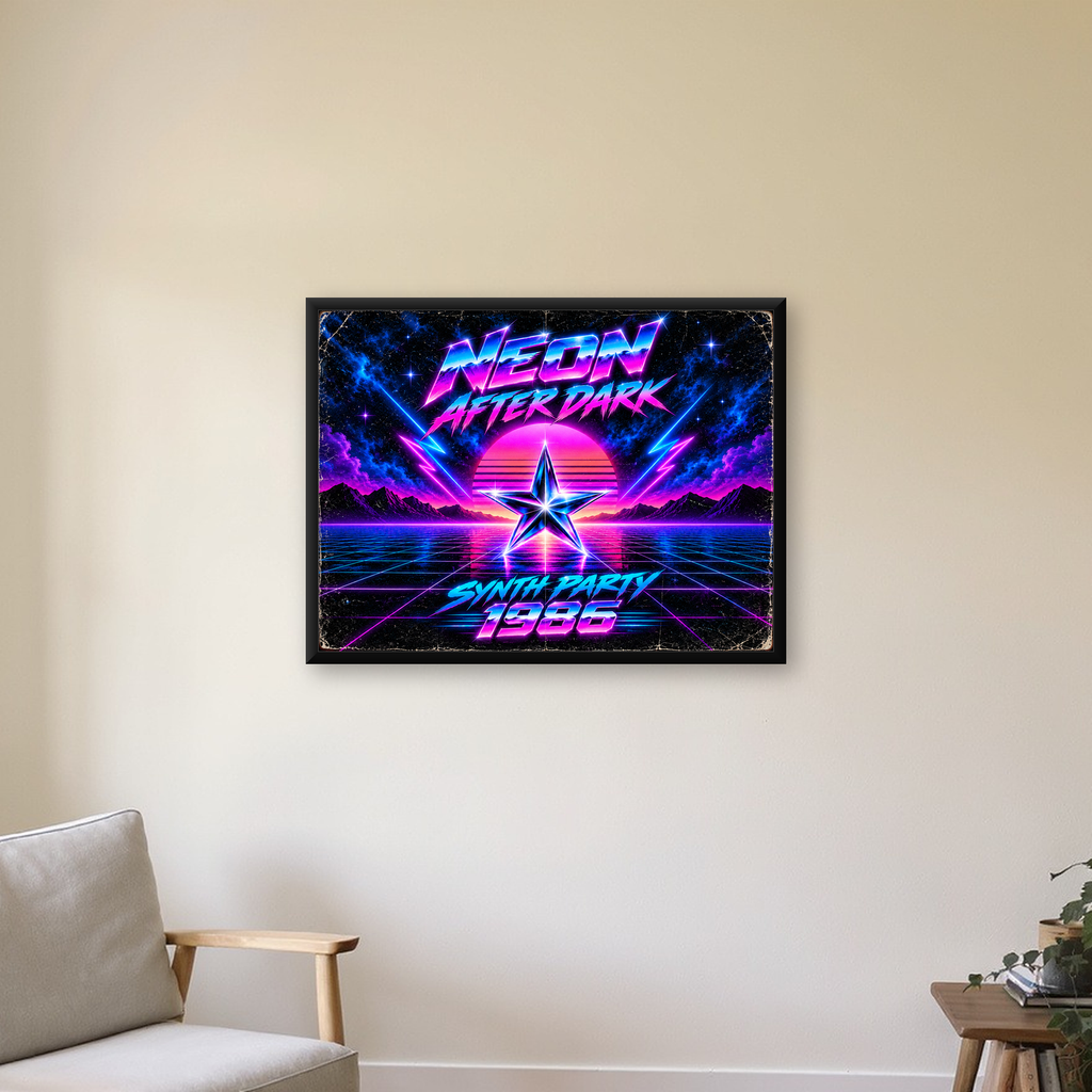 Retro Neon Synthwave Poster – 80'ler Stil Dijital Baskı — Yatay baskı, çerçeveli hâliyle bir ev duvarında