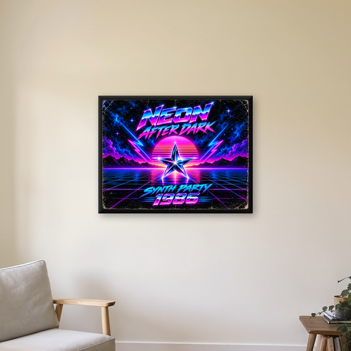 Retro Neon Synthwave Poster – 80'ler Stil Dijital Baskı — Yatay baskı, çerçeveli hâliyle bir ev duvarında