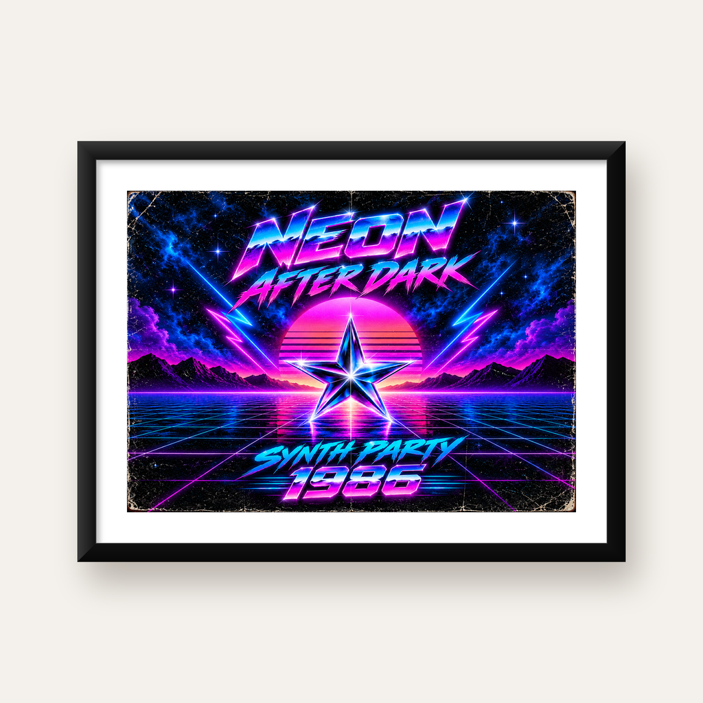 Retro Neon Synthwave Poster – 80'ler Stil Dijital Baskı — Yatay baskı, beyaz paspartulu