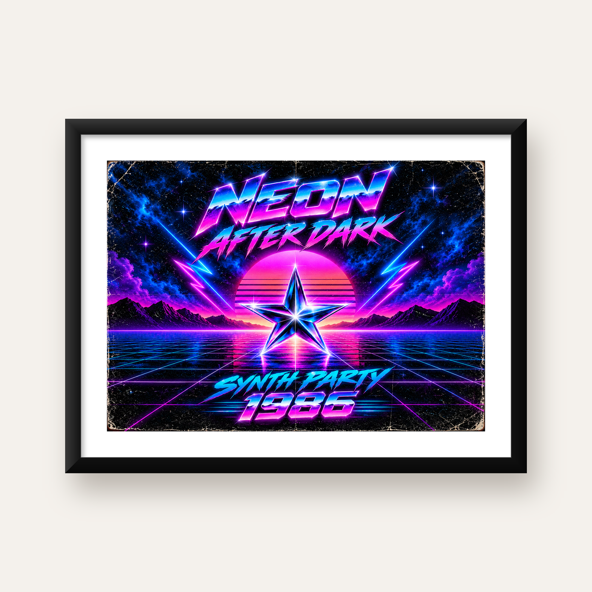 Retro Neon Synthwave Poster – 80'ler Stil Dijital Baskı — Yatay baskı, beyaz paspartulu