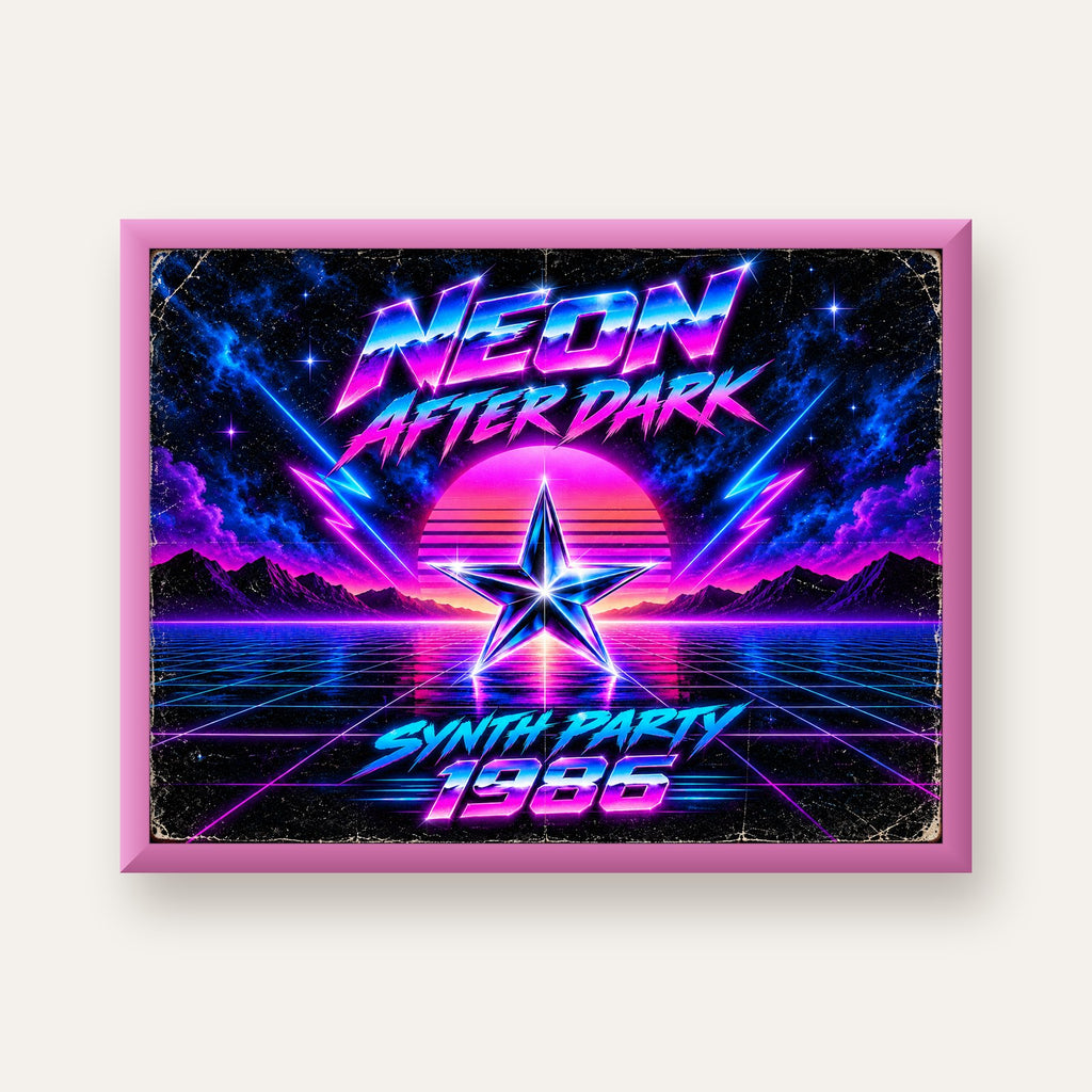 Retro Neon Synthwave Poster – 80'ler Stil Dijital Baskı — pembe çerçeveli