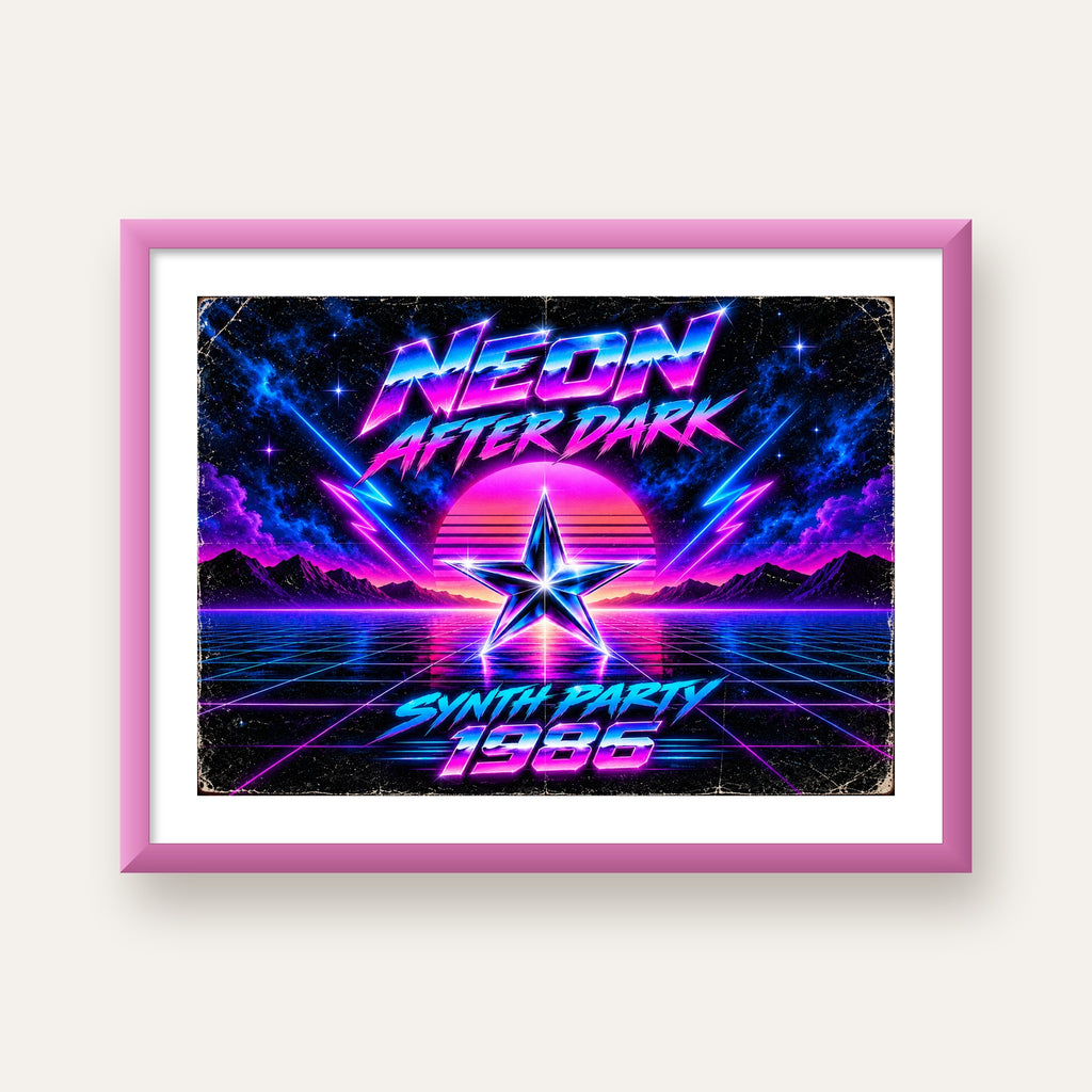 Retro Neon Synthwave Poster – 80'ler Stil Dijital Baskı — pembe çerçeveli paspartulu
