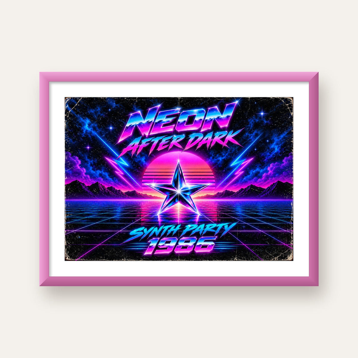 Retro Neon Synthwave Poster – 80'ler Stil Dijital Baskı — pembe çerçeveli paspartulu