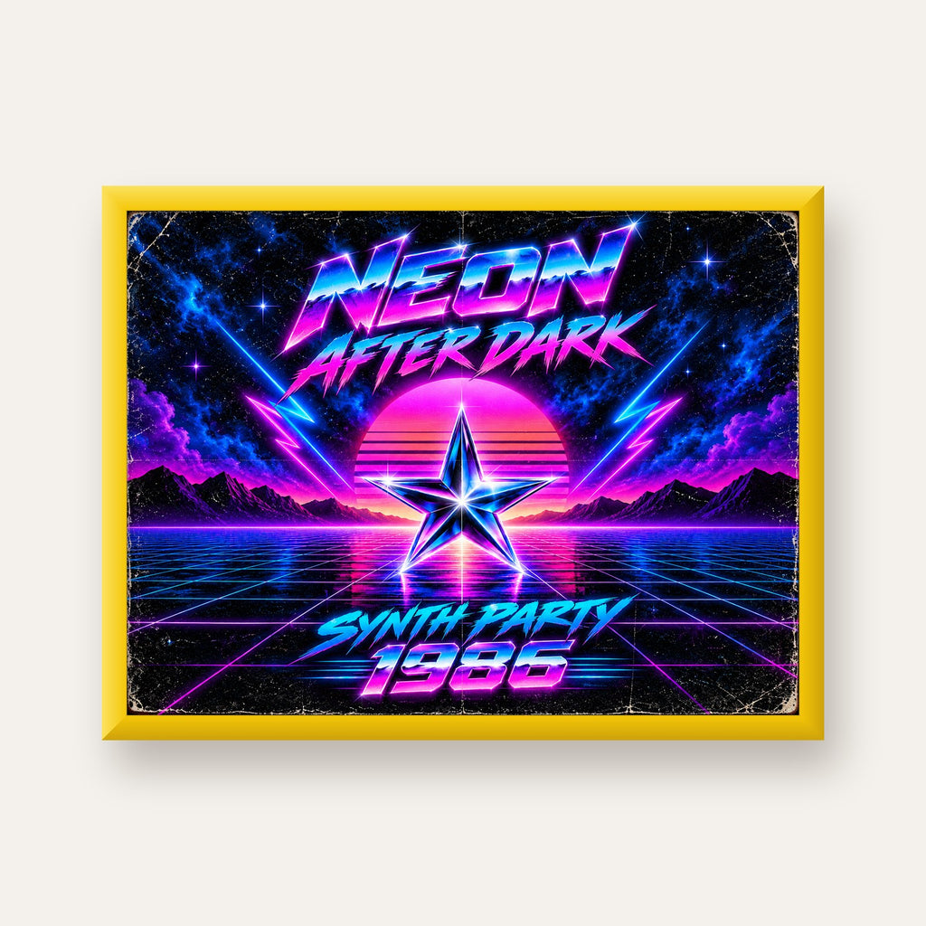 Retro Neon Synthwave Poster – 80'ler Stil Dijital Baskı — sarı çerçeveli