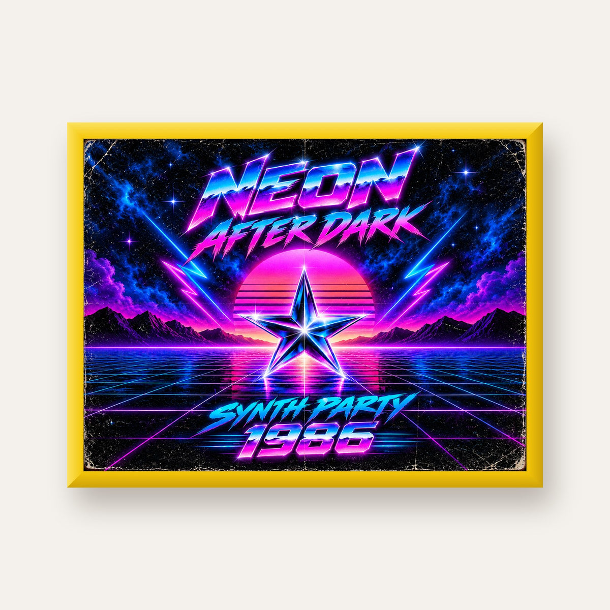 Retro Neon Synthwave Poster – 80'ler Stil Dijital Baskı — sarı çerçeveli