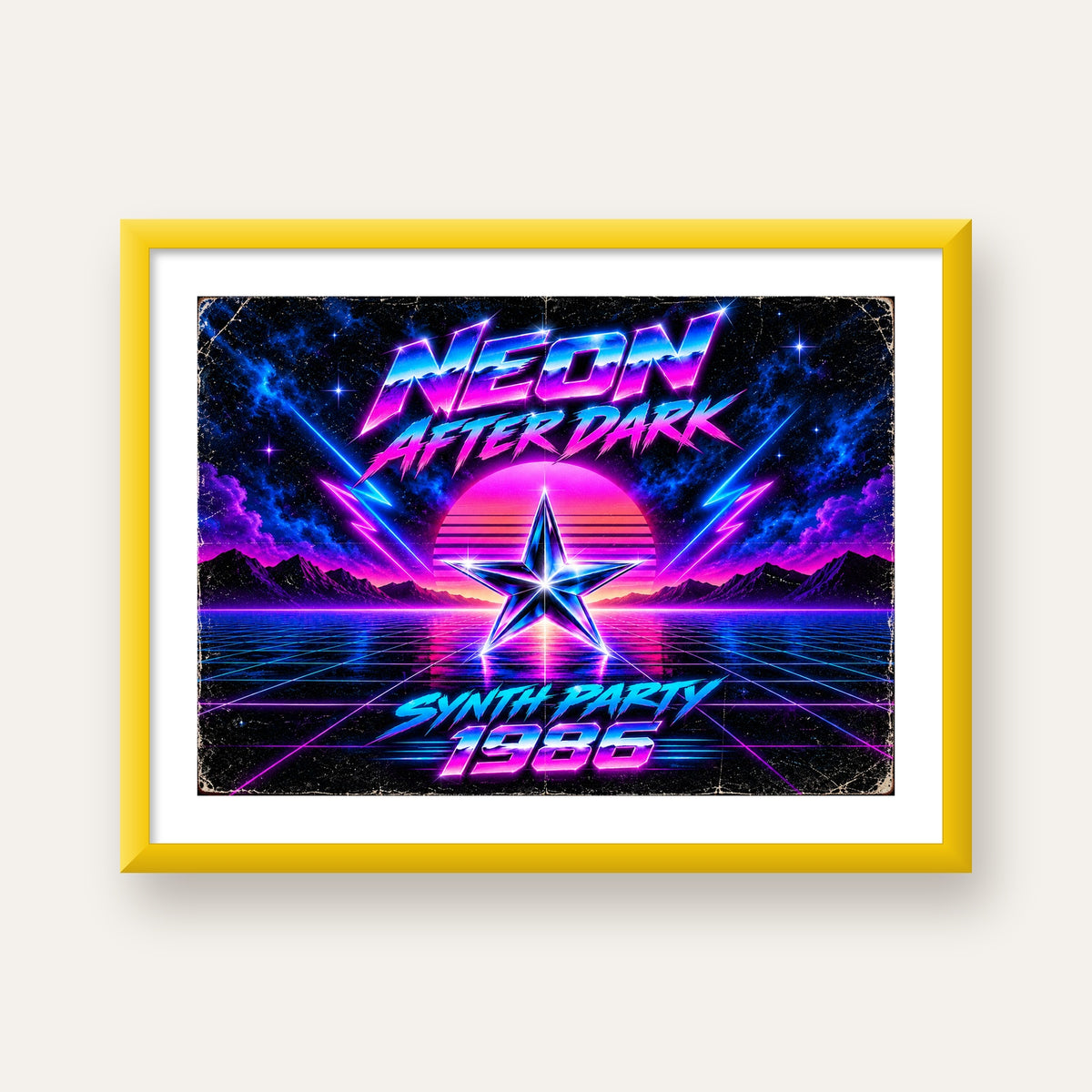 Retro Neon Synthwave Poster – 80'ler Stil Dijital Baskı — sarı çerçeveli paspartulu