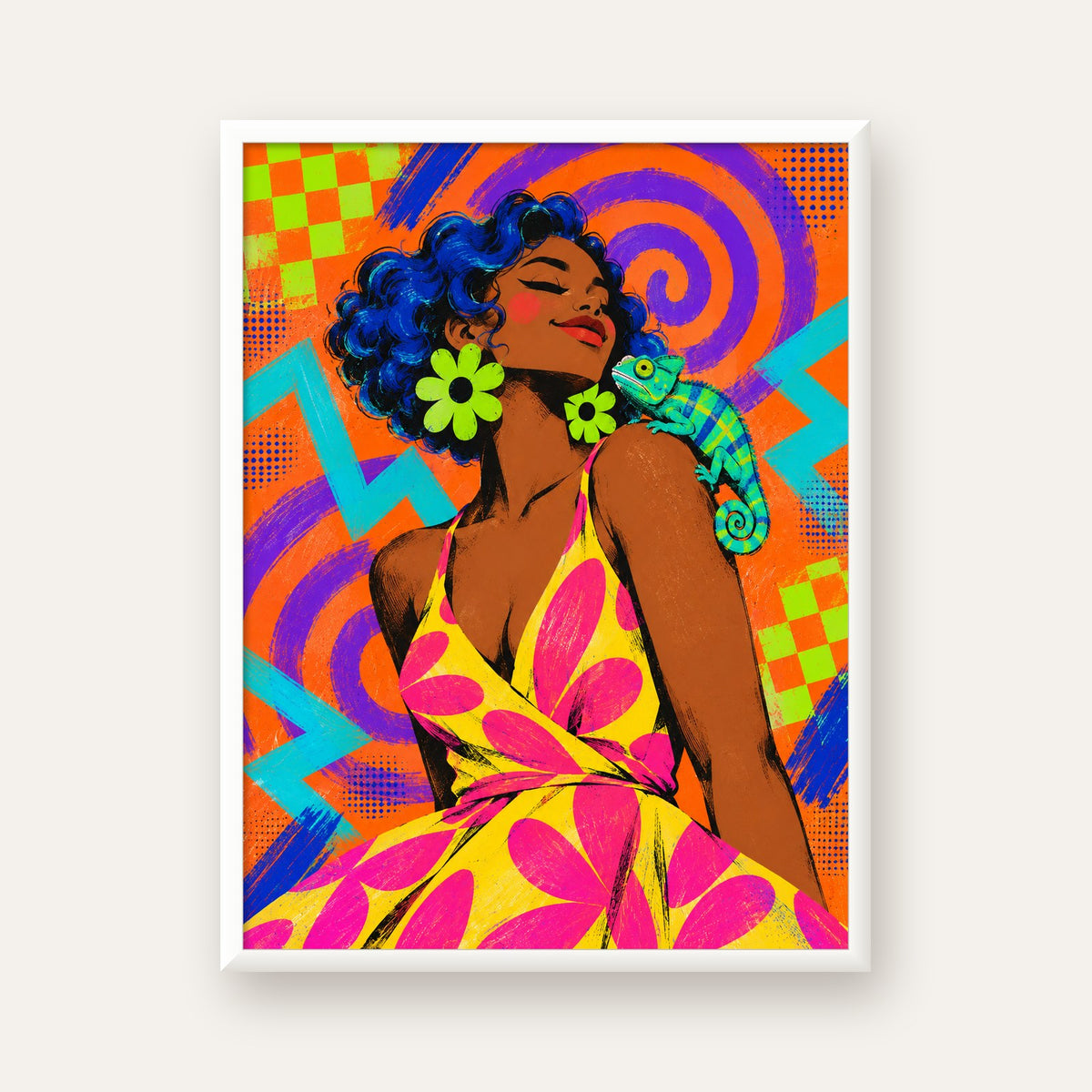 Renkli Portre ve Bukalemun Poster – Pop-Art Dijital Baskı — beyaz çerçeveli dikey poster