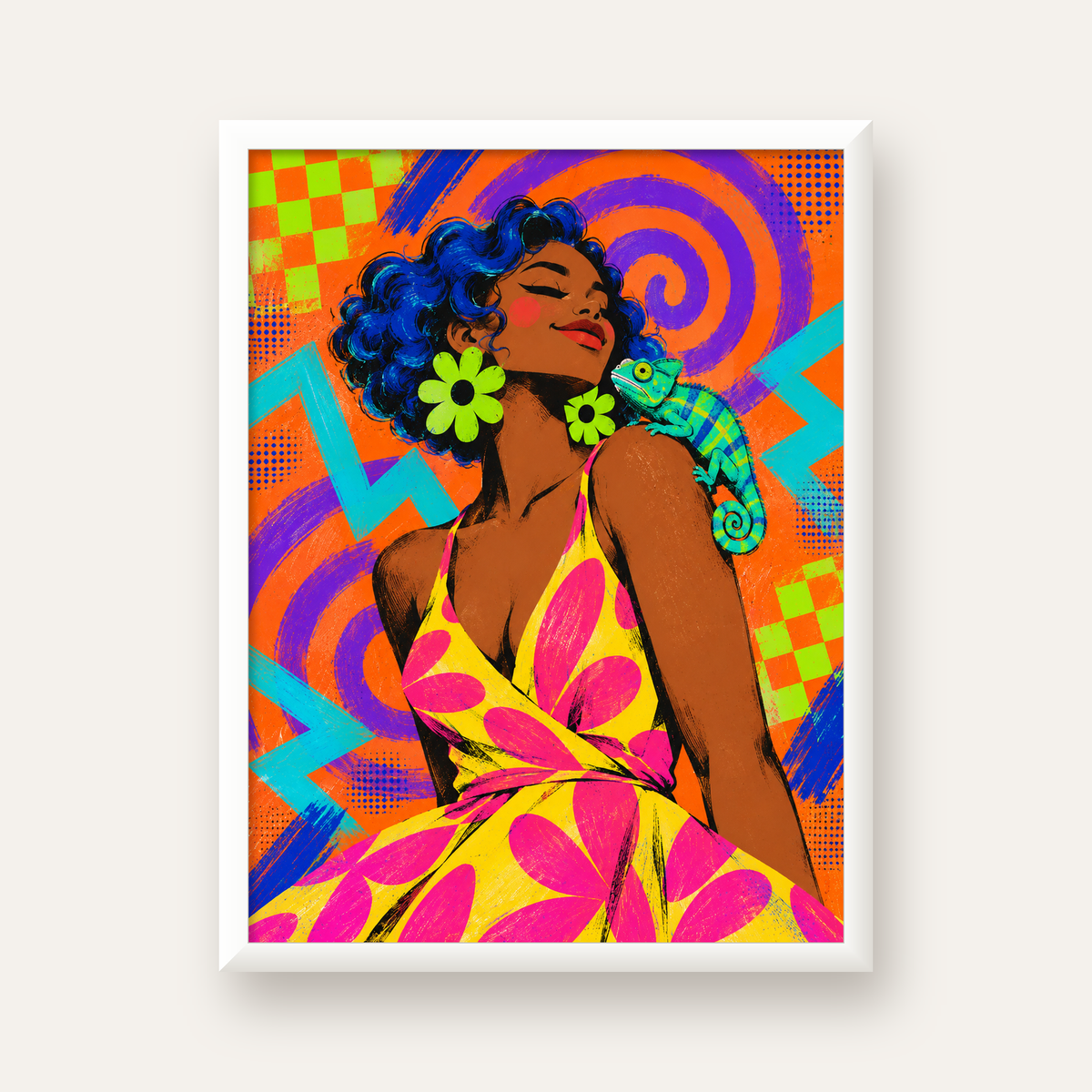Renkli Portre ve Bukalemun Poster – Pop-Art Dijital Baskı — beyaz çerçeveli dikey poster