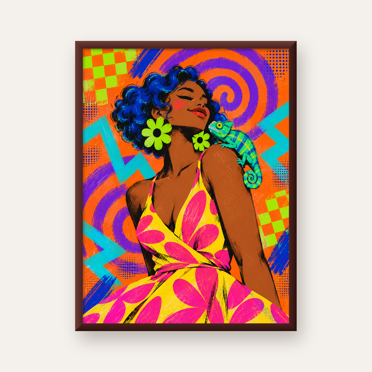Renkli Portre ve Bukalemun Poster – Pop-Art Dijital Baskı — ceviz çerçeveli