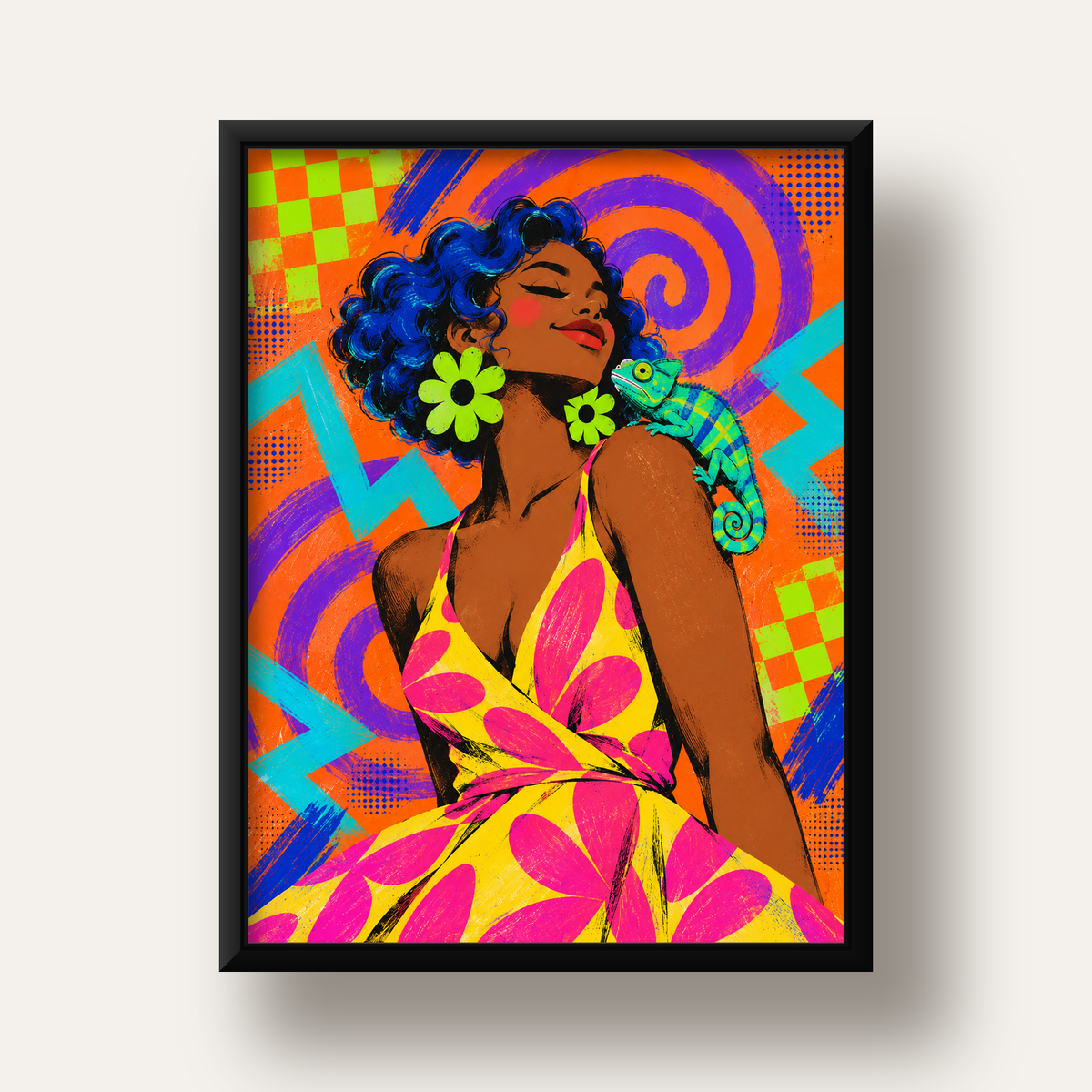 Renkli Portre ve Bukalemun Poster – Pop-Art Dijital Baskı — siyah derin çerçeveli