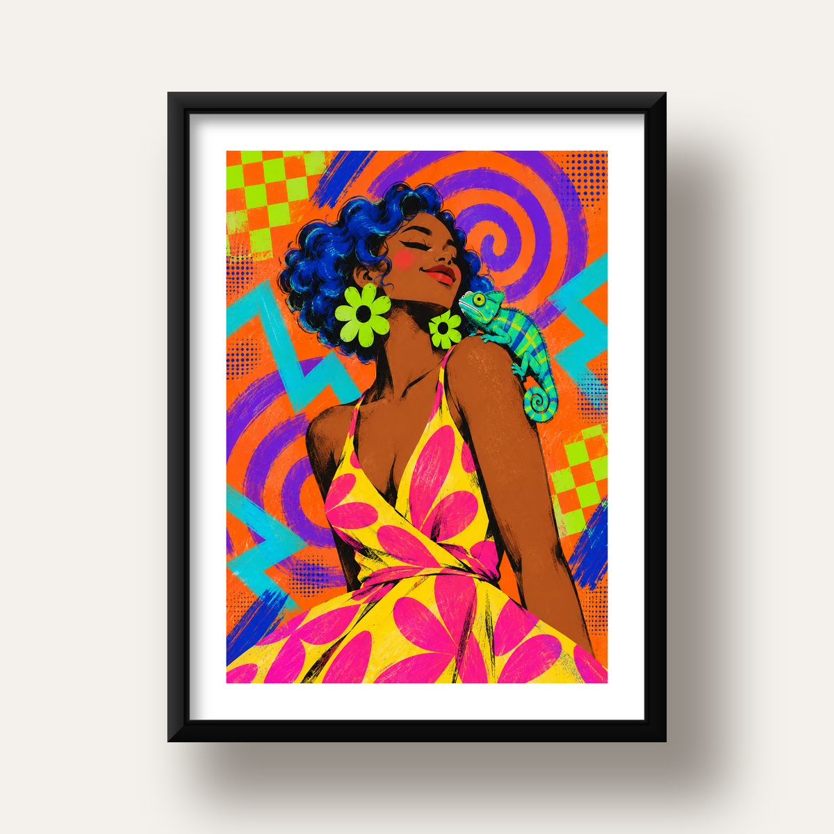 Renkli Portre ve Bukalemun Poster – Pop-Art Dijital Baskı — siyah derin çerçeveli paspartulu