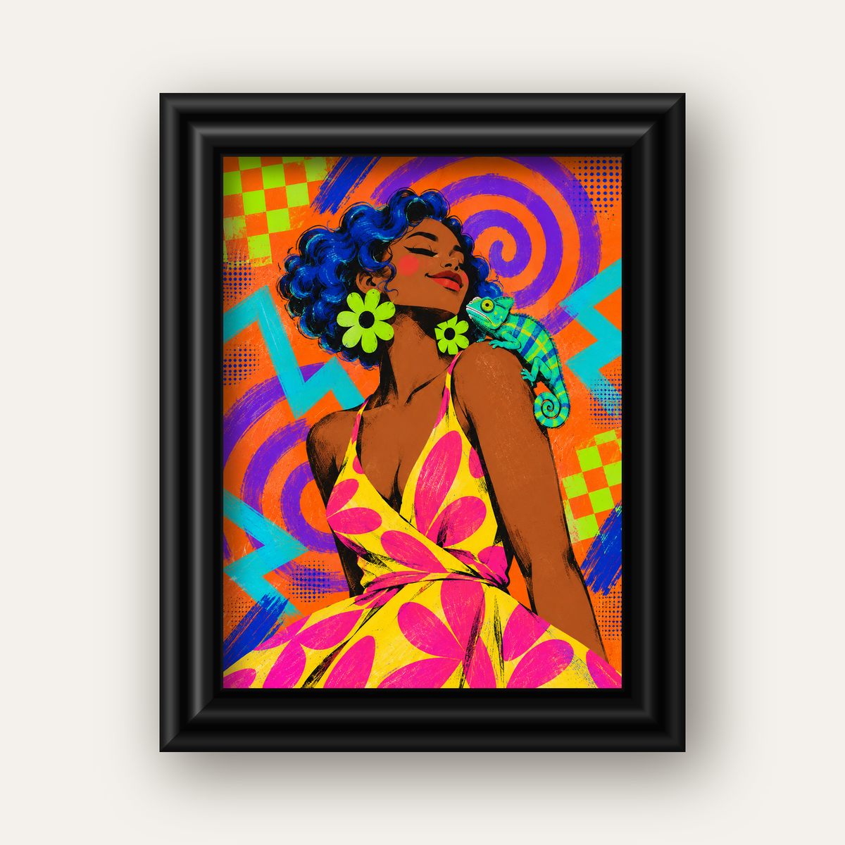 Renkli Portre ve Bukalemun Poster – Pop-Art Dijital Baskı — siyah galeri çerçeveli