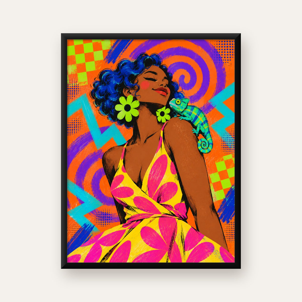 Renkli Portre ve Bukalemun Poster – Pop-Art Dijital Baskı — Dikey baskı, düz siyah çerçeveli duvar posteri