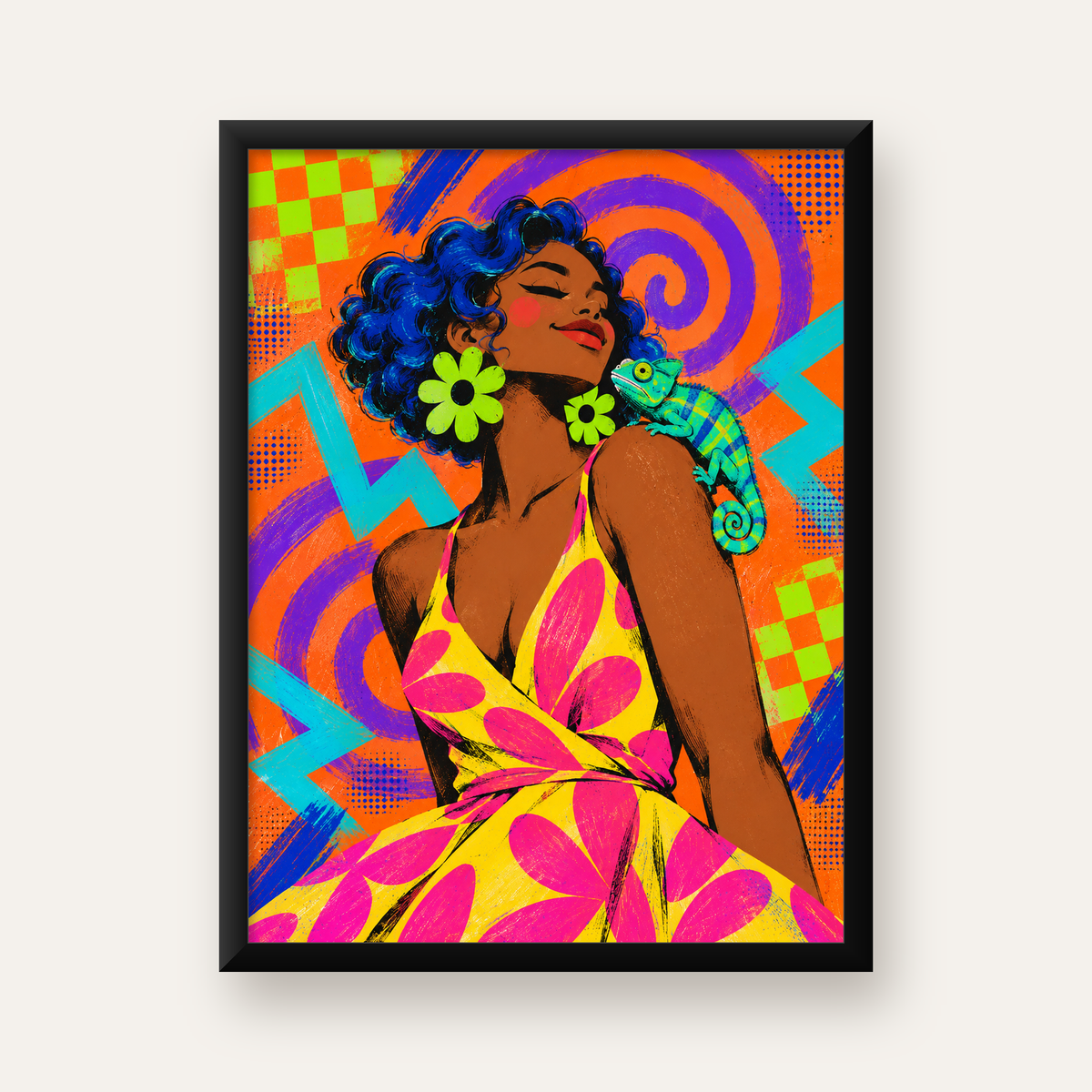 Renkli Portre ve Bukalemun Poster – Pop-Art Dijital Baskı — Dikey baskı, düz siyah çerçeveli duvar posteri