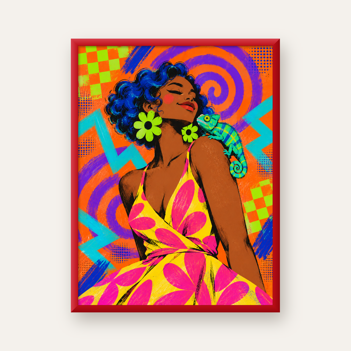 Renkli Portre ve Bukalemun Poster – Pop-Art Dijital Baskı — kırmızı çerçeveli