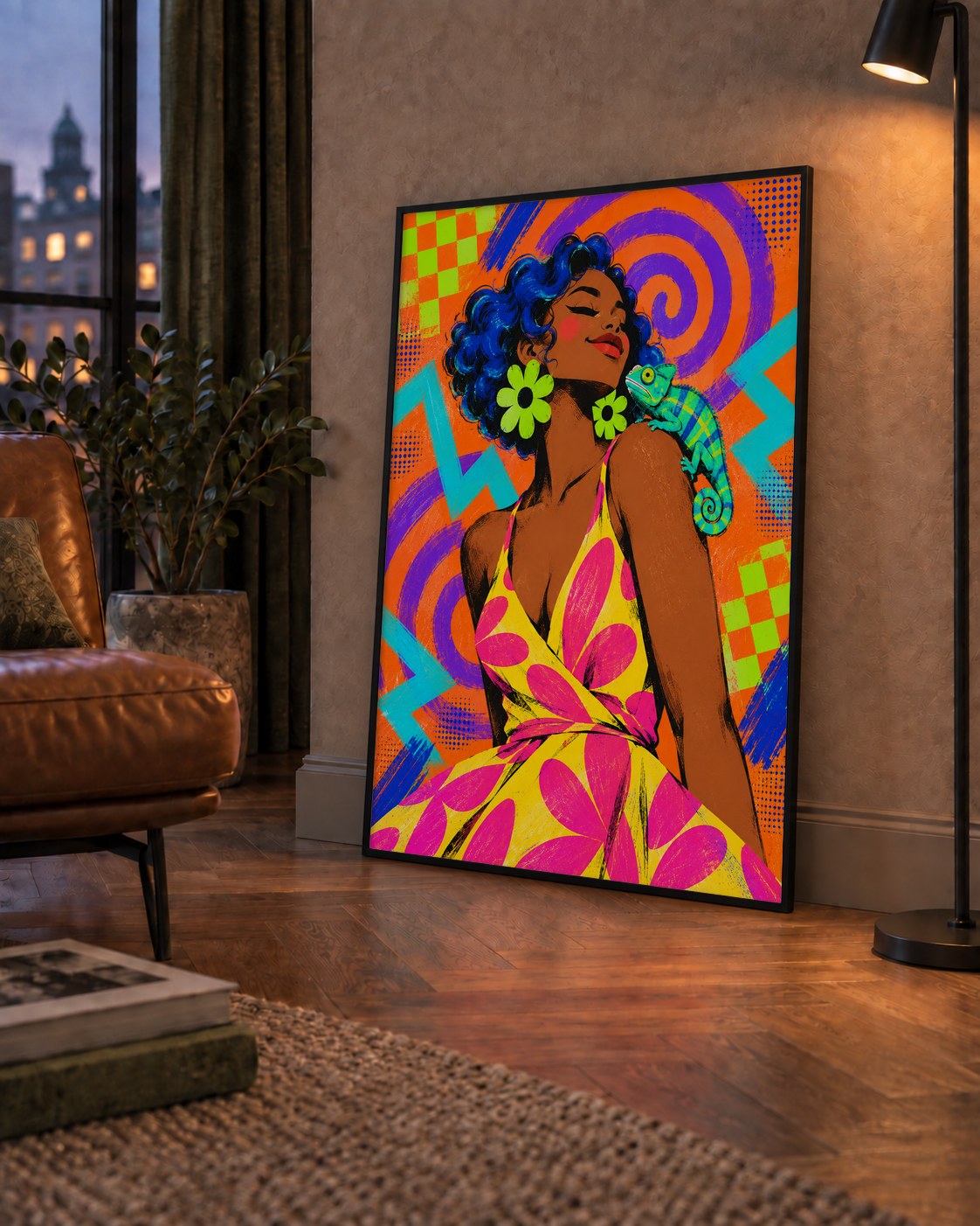 Renkli Portre ve Bukalemun Poster – Pop-Art Dijital Baskı — çerçeveli hâliyle bir ev duvarında