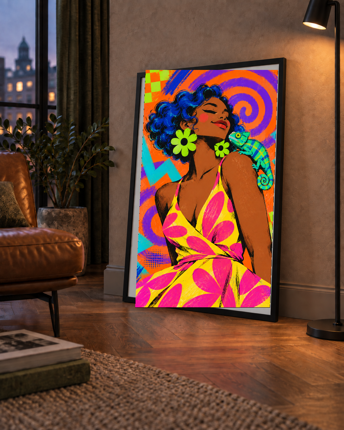 Renkli Portre ve Bukalemun Poster – Pop-Art Dijital Baskı