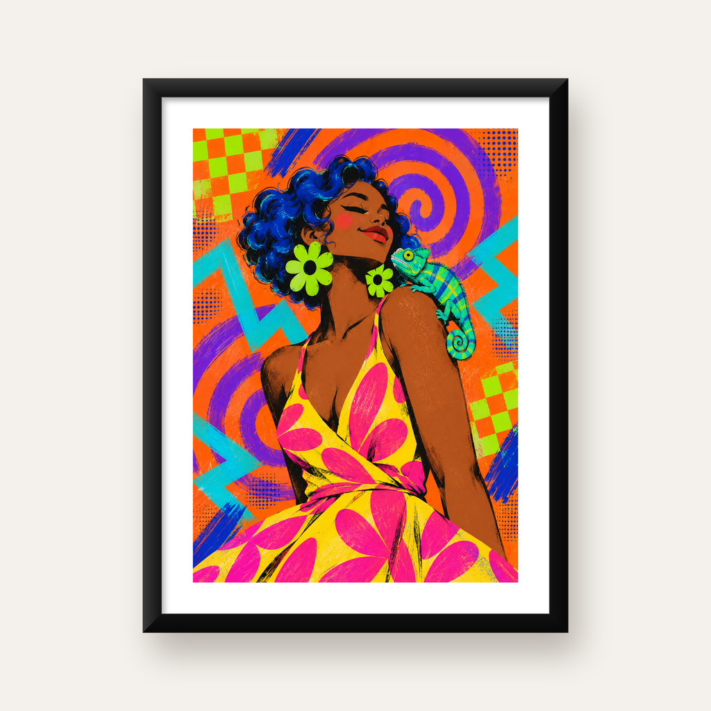 Renkli Portre ve Bukalemun Poster – Pop-Art Dijital Baskı — Dikey baskı, beyaz paspartulu