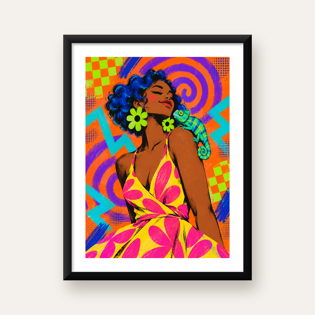Renkli Portre ve Bukalemun Poster – Pop-Art Dijital Baskı — Dikey baskı, beyaz paspartulu
