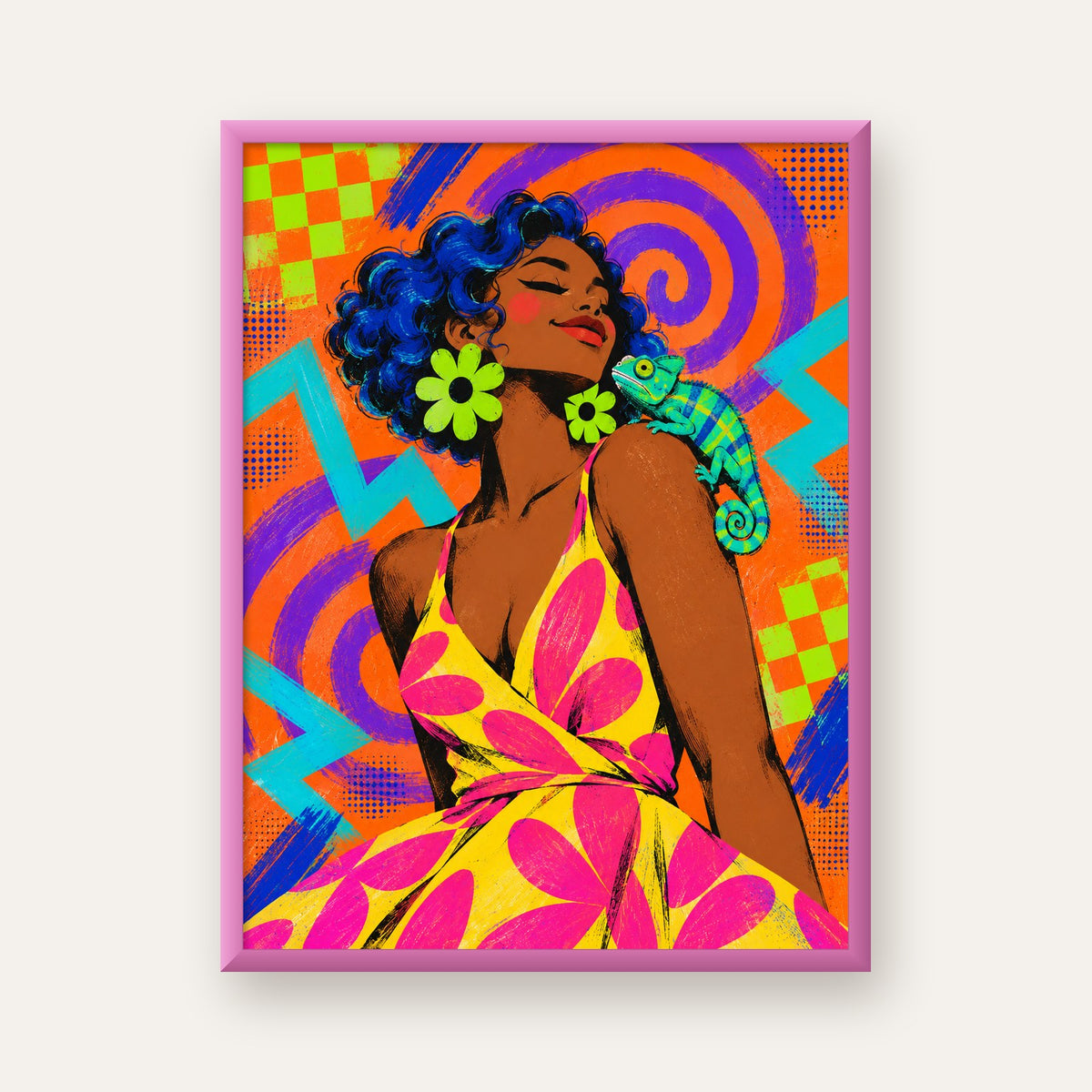 Renkli Portre ve Bukalemun Poster – Pop-Art Dijital Baskı — pembe çerçeveli