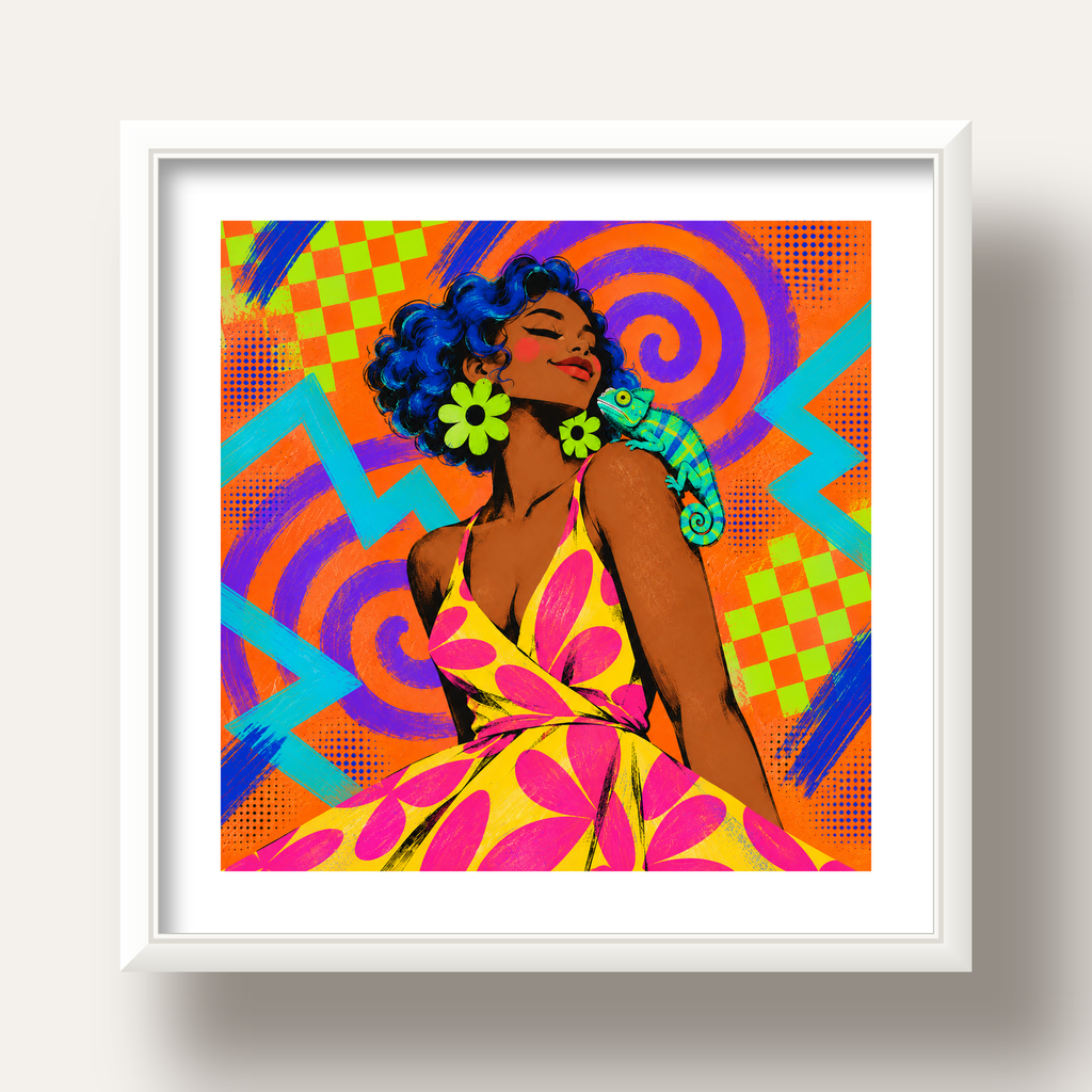 Renkli Portre ve Bukalemun Poster – Pop-Art Dijital Baskı — beyaz derin çerçeveli paspartulu