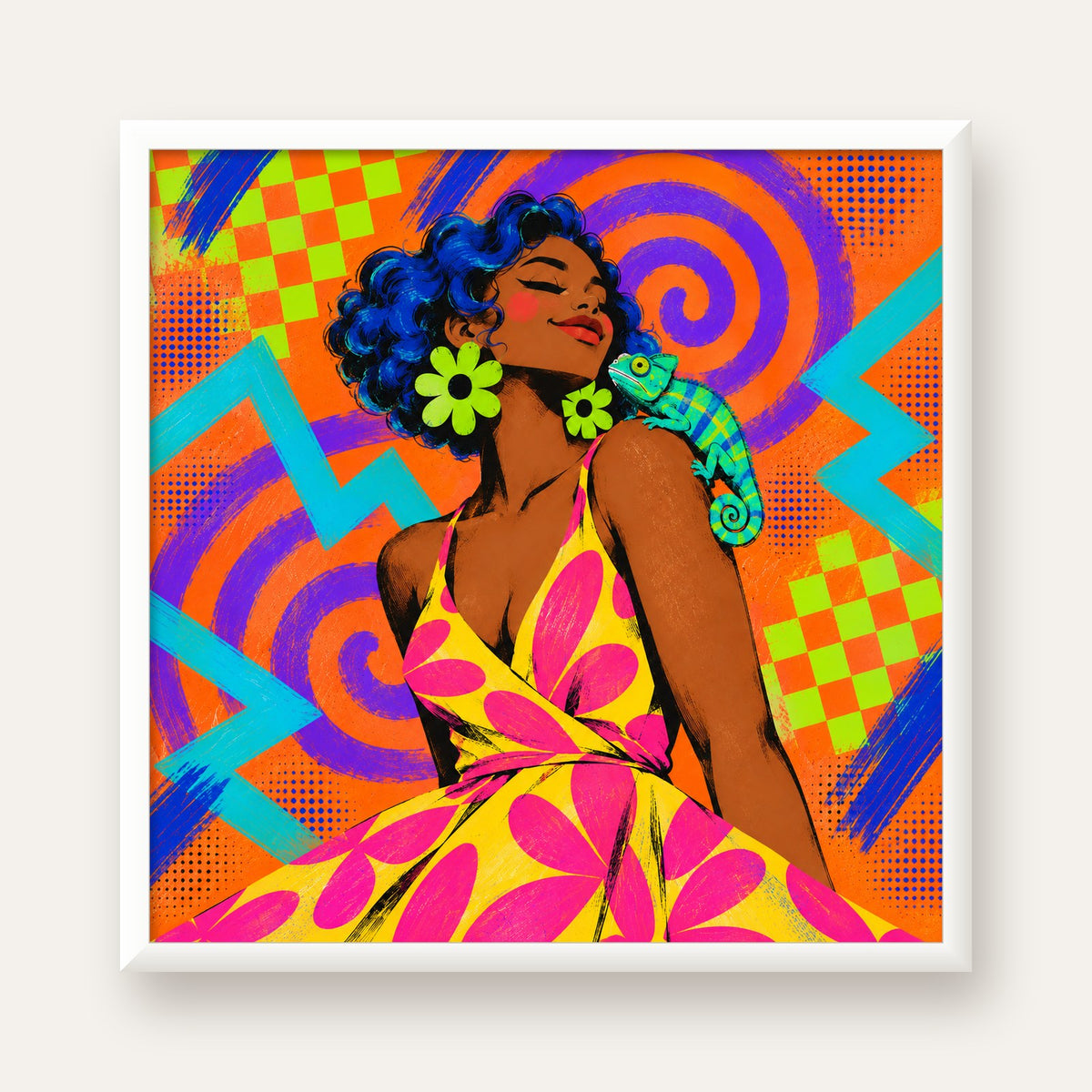 Renkli Portre ve Bukalemun Poster – Pop-Art Dijital Baskı — beyaz çerçeveli kare poster