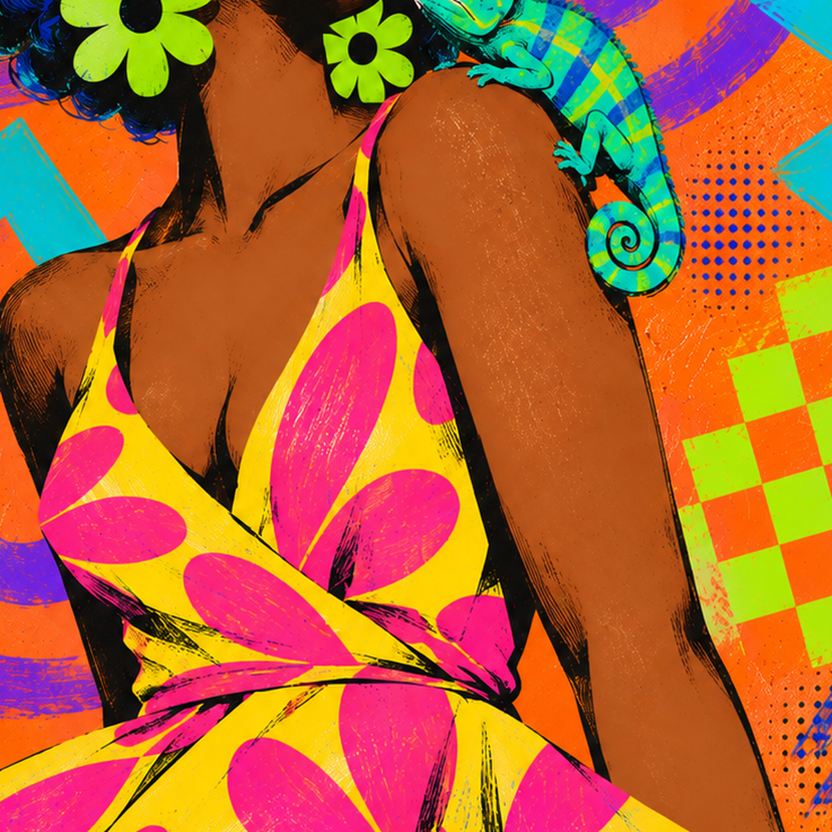 Renkli Portre ve Bukalemun Poster – Pop-Art Dijital Baskı — baskının yakın çekimi, kâğıt dokusu ve renk detayı