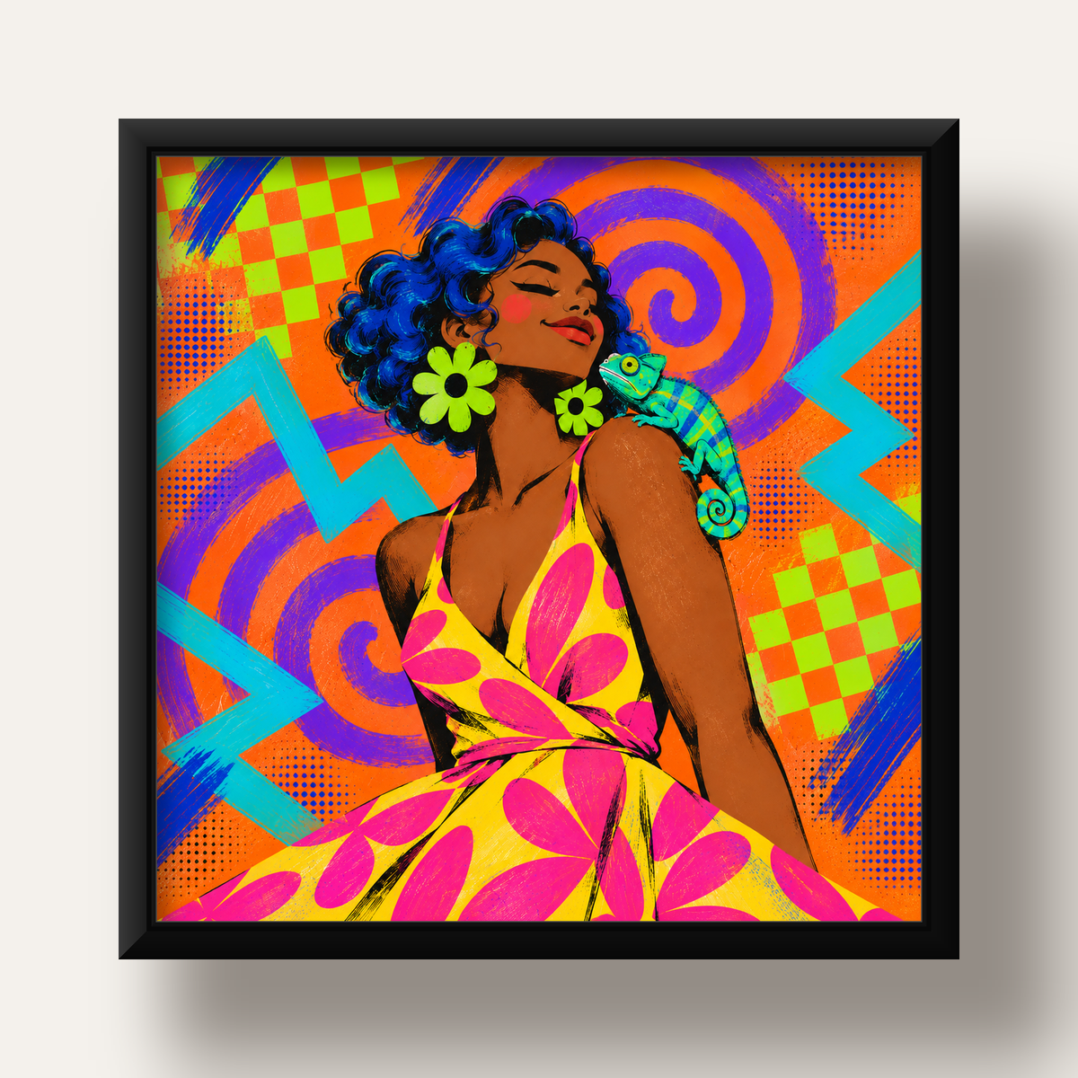 Renkli Portre ve Bukalemun Poster – Pop-Art Dijital Baskı — siyah derin çerçeveli